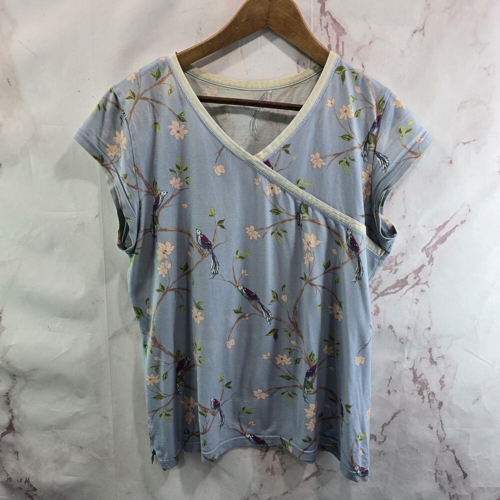 Garnet Hill T Shirt Women Small Blue Bird Floral V Neck Short Sleeve Organic